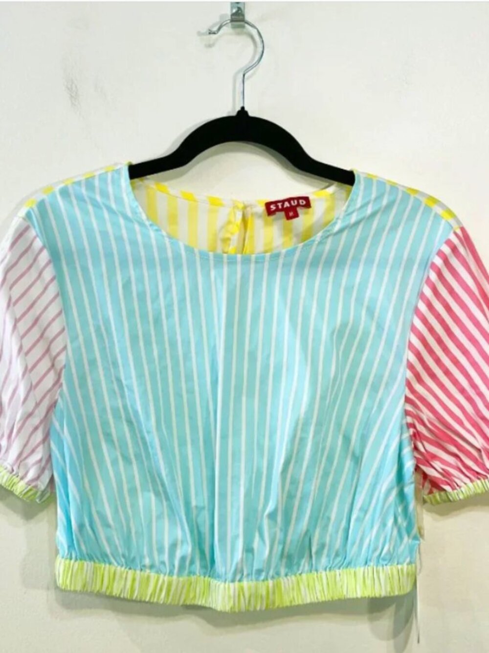 STAUD Athena Cotton Poplin Puff Sleeve Crop Top Shirt Sz S Colorful Stripes